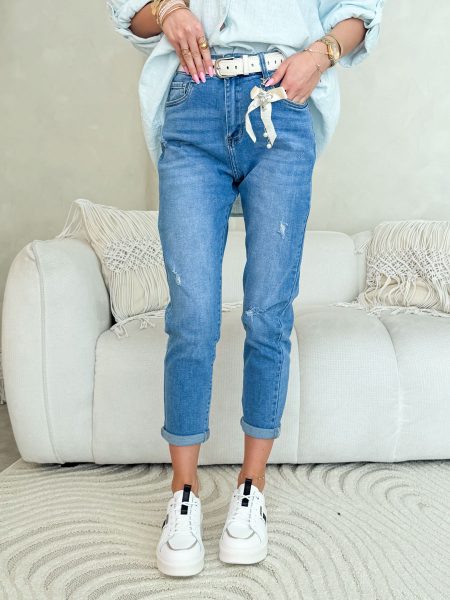 Spodnie jeansowe mom fit z przetarciami Jeansowy – Wornelle 1