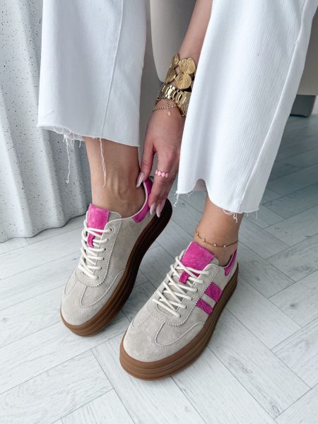Zamszowe sneakersy na grubej podeszwie Fuksjowe – Suedora 1